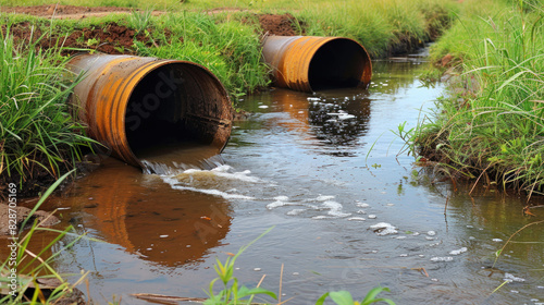 Wastewater flowing out of pipe into river, environmental pollution concept