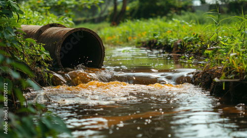Wastewater flowing out of pipe into water, environmental pollution concept