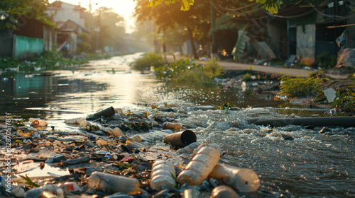 Wastewater flowing out of pipe into river, environmental pollution concept