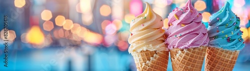 Close-up photos of ice cream cones against famous city skylines, showcasing the National Ice Cream concept.