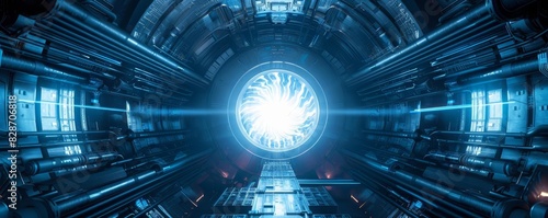 Nuclear fusion reactor in a hightech lab, glowing plasma, 3D rendering, futuristic, detailed