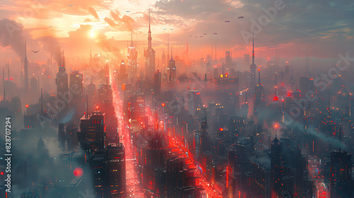 illustration of a futuristic cityscape with towering skyscrapers flying cars and advanced technology as citizens go about their daily lives in a bustling metropolis of the future