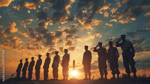 A veteran being saluted by a line of soldiers, recognizing their lasting impact, solemn tone, close up, Duty theme, photorealistic, Silhouette, national monument backdrop