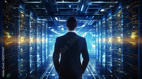 Businessman standing in futuristic data center with many server cabinets. Generative AI.