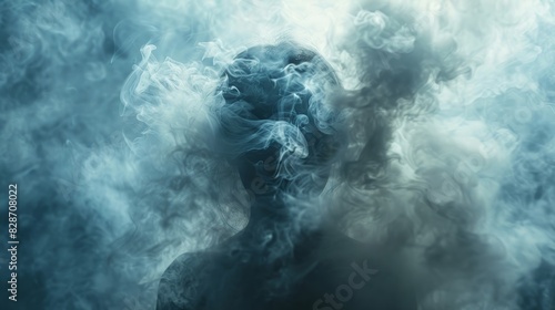 An intense photo capturing a distressed individual amidst a haze of cigarette fumes.