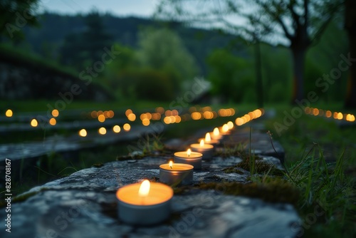  A row of lit candles on rocks, a symbol of remembrance for the Srebrenica Genocide.