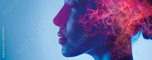 Science of the endocrine system, close up, focus on, colorful shades, double exposure silhouette with hormone secretion