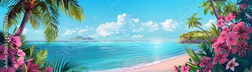 Social media campaign promoting summer vacation packages, tropical visuals, digital art, colorful, dynamic