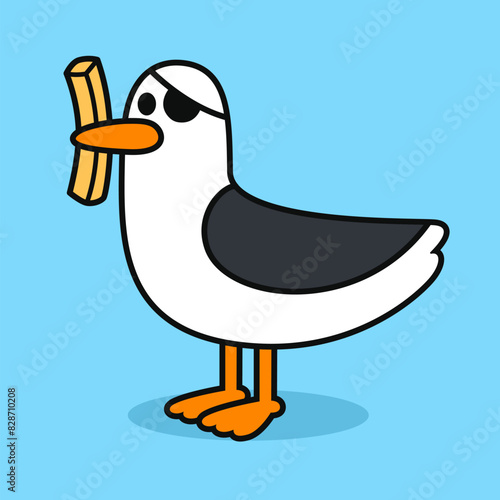 Funny cartoon seagull with french fry drawing