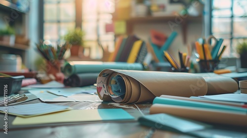 A cluttered desk with rolled up paper, office supplies and a blurred background.