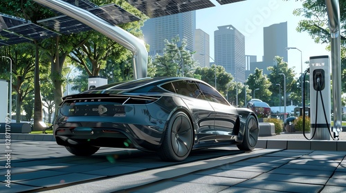 A futuristic electric car charges in a modern city setting.