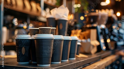 A row of takeaway coffee cups sit on a counter in a cafe, ready for customers to enjoy their morning caffeine fix.