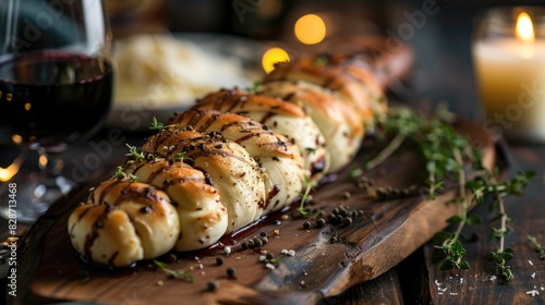 Braided Mozzarella Cheese Soaked in Red Wine on a Wooden Plank with a Glass of Wine Nearby