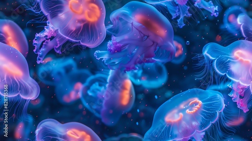 A group of bioluminescent jellyfish swim in a deep blue ocean.