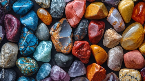 This image presents a myriad of polished rocks and gemstones in various shapes and colors