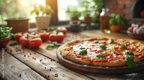 italian cuisine art, a hot pizza on a wooden table, a delicious taste of authentic italian cuisine, with free space for copy, showcasing culinary heritage