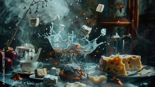 Mysterious tea party scene with spooky pastries, dramatic tea splashes, and falling cheese slices, capturing a hauntingly beautiful moment