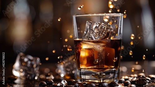 Melting espresso ice cubes blending with black coffee, a hint of liqueur and vodka, artistic and inviting composition
