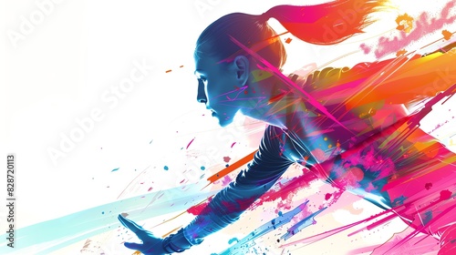 modern pentathlon close up on white background, vibrant colors, double exposure silhouette with pentathlon elements