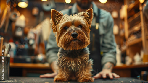 With focused concentration, a groomer carefully trims the fur of a small dog, creating a neat and stylish look.