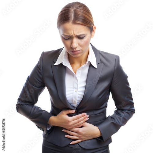 Nauseous Employee – Female: A portrait of a female employee feeling nauseous, with one hand on her stomach and a pained expression, isolated on a white background. 