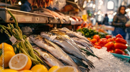 A bustling market scene filled with colorful displays of fresh fish and vibrant vegetables