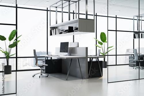 Modern office interior with desk, chair, and computer, contemporary style, cityscape view, concept of a workspace. 3D Rendering