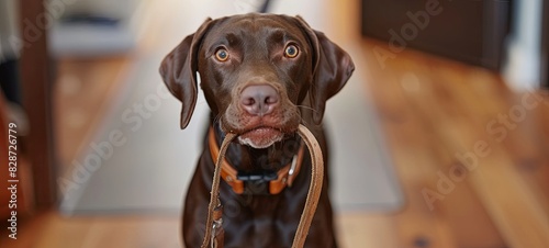 Adorable brown German Shorthaired Pointer dog holding leash in mouth indoors 