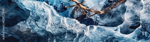 Close-up of mesmerizing ice formations with a touch of natural branches, showcasing winter beauty and abstract textures.