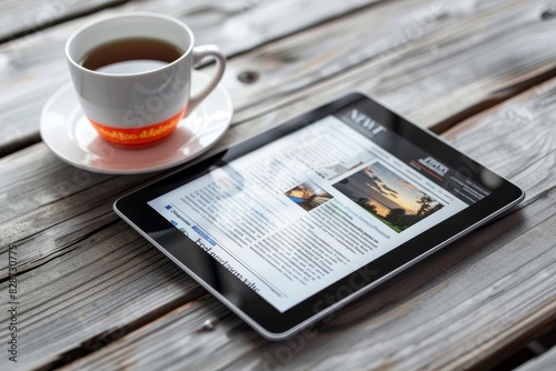 Fictional news website displayed on digital tablet with inventive stories for online browsing