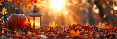 lanterns and candles adorned with pumpkins and autumn leaves, set outdoors in the countryside with a sunny fall bokeh backdrop embracing gratitude and seasonal harvest vibes ample free space