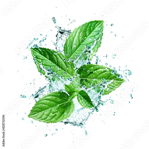 Fresh green leaves splashing with water, cut out