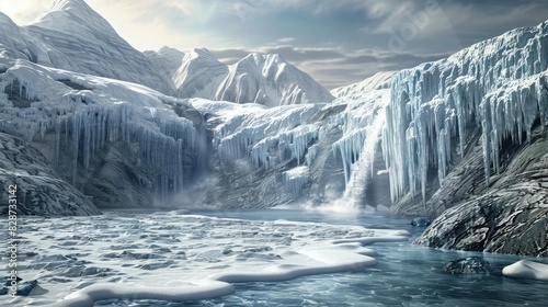 Stunning frozen landscape with majestic snow-capped mountains, icy cliffs, and a serene glacial lake under a cloudy sky.