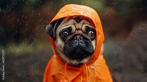 adorable baby pug wearing orange raincoat on a rainy day cute animal portrait
