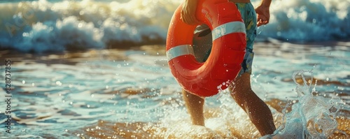 Closeup image of a lifeguard holding a rescue buoy while scanning the beach close up vigilance realistic Fusion sandy shore