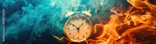 Alarm clock burning in fire, engulfed in flames focus on catastrophe whimsical Manipulation swirling smoke