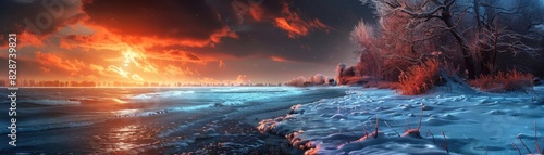 Sunset over a frozen beach with a dramatic sky, contrasting warm and cool tones, featuring ice, snow, and trees along the shoreline.