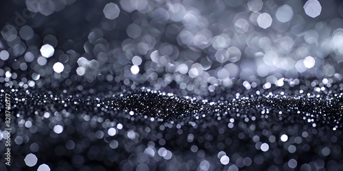 abstract photograph of silver glitter background is blurred, with the glittery texture in the forefront glitter is scattered throughout the image, creating a sense of depth and dimension appears to be