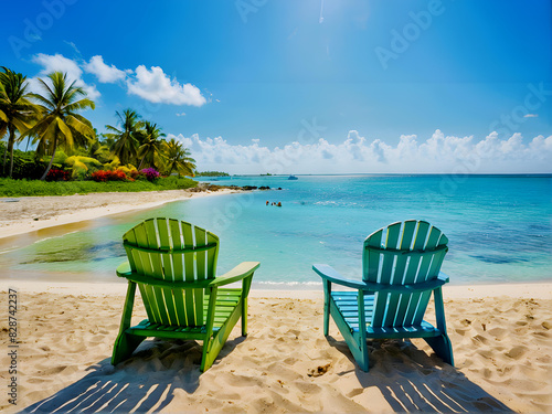 Dwa kolorowe drewniane leżaki stoją na złotej plaży z widokiem na turkusowe morze. W tle bujna zieleń i kwitnące krzewy na tle jasnoniebieskiego nieba z białymi obłokami. 