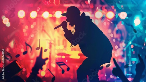 hip hop rapper performing on stage at night club silhouette on colorful background with music notes and microphone concert poster design