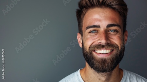 Handsome young man with beard and modern haircut smiling.