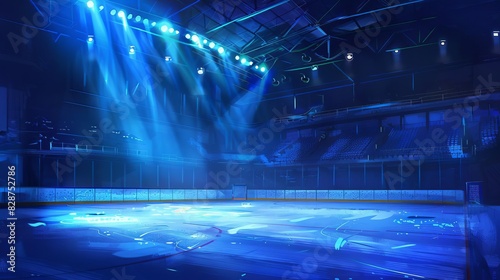 illuminated empty ice hockey arena with spotlight and blue lighting digital painting