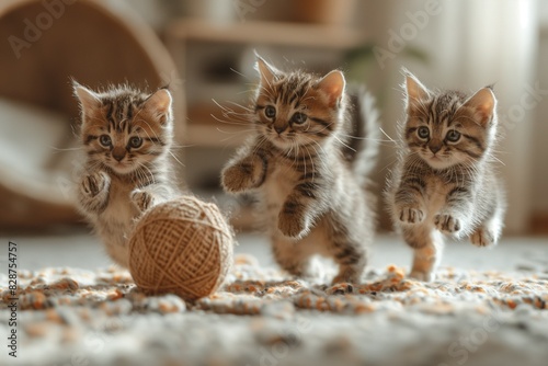 three small kittens running around the room and playing with a yarn ball. 