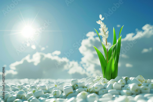 rice seedling made of green marshmallows, 3D green grass, C4D rendering, 3D style, blue sky background, cloudless, sunny, high details, high resolution, surreal style, minimalismï¼Œhigh resolution, hi