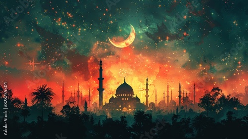 a green ramadan greeting poster featuring a hand-drawn mosque silhouette, detailed illustration, and free space celebrating the sacrifice feast festival