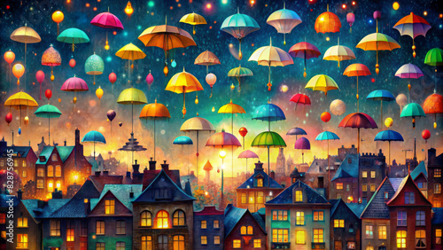 A whimsical night scene unfolds with numerous colourful umbrellas floating over a charming, illuminated city, as if carried by an invisible breeze. AI generated.
