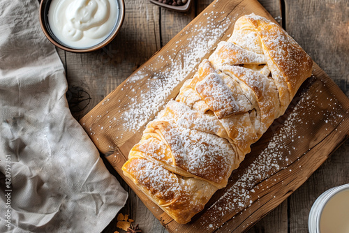 millirahmstrudel milk-cream strudel on table, top view