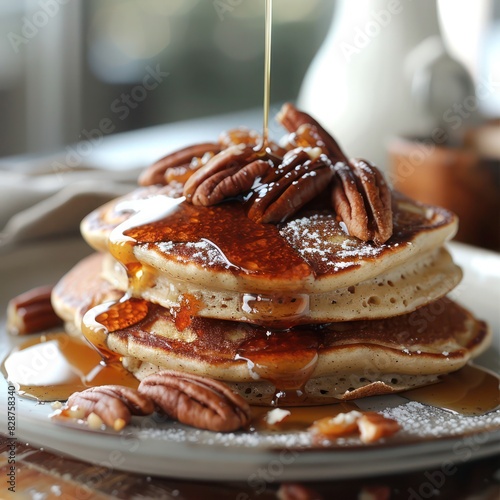 a serving of fluffy pancake, drizzled with maple syrup and topped with pecan nuts