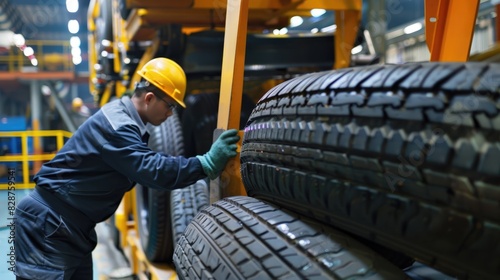 Los ingenieros están verificando el orden de la producción de neumáticos en la industria.