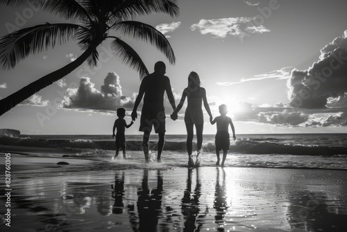 Una familia caminando en la playa al atardecer, con el padre y tres hijos de menor a mayor estatura. Las olas se estrellan suavemente en el fondo. En un lado hay dos palmeras.